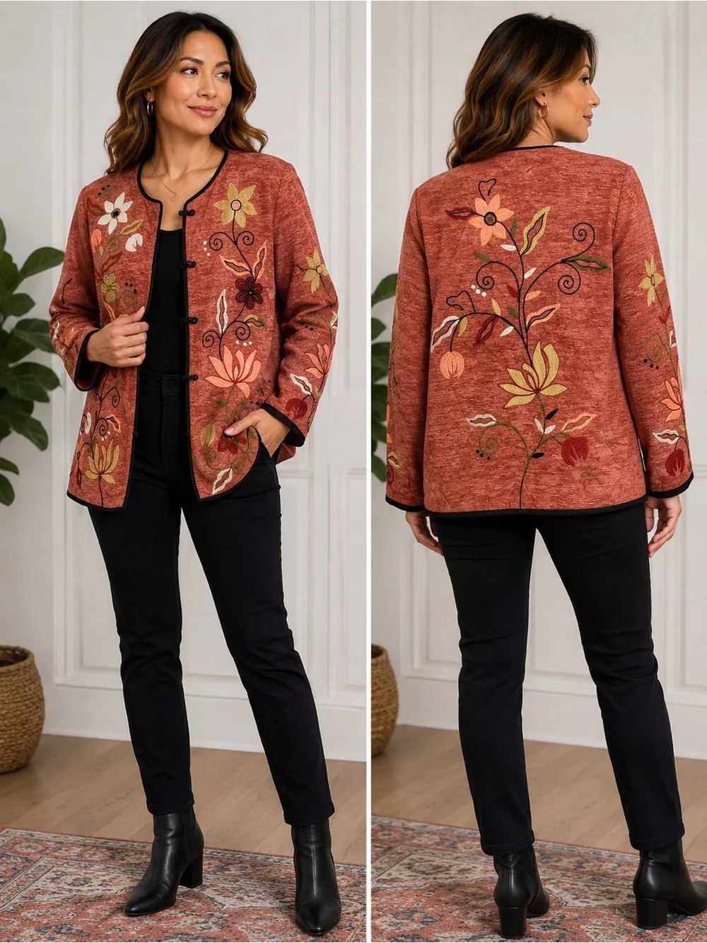 Indigo Moon Jacket Size XS Coral Rust Embroidered Floral Boho Art-to-Wear
